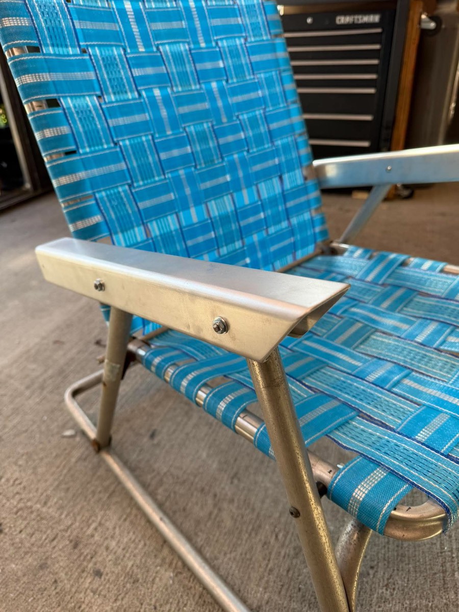 Restored aluminum lawn chair with new machined arm rests